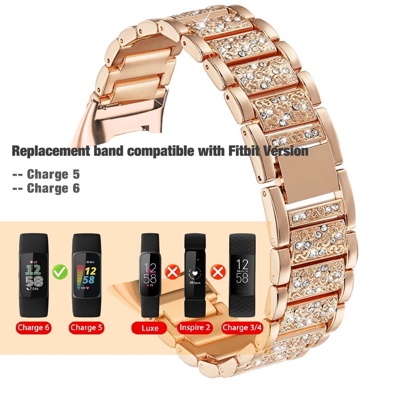 Abanen Bling Crystal Bands for Fitbit Charge 5 / Charge 6, Alloy Metal Bands Adjustable Women Wristbands Strap for Fitbit Charge 5 (Rose Gold) - Image 2