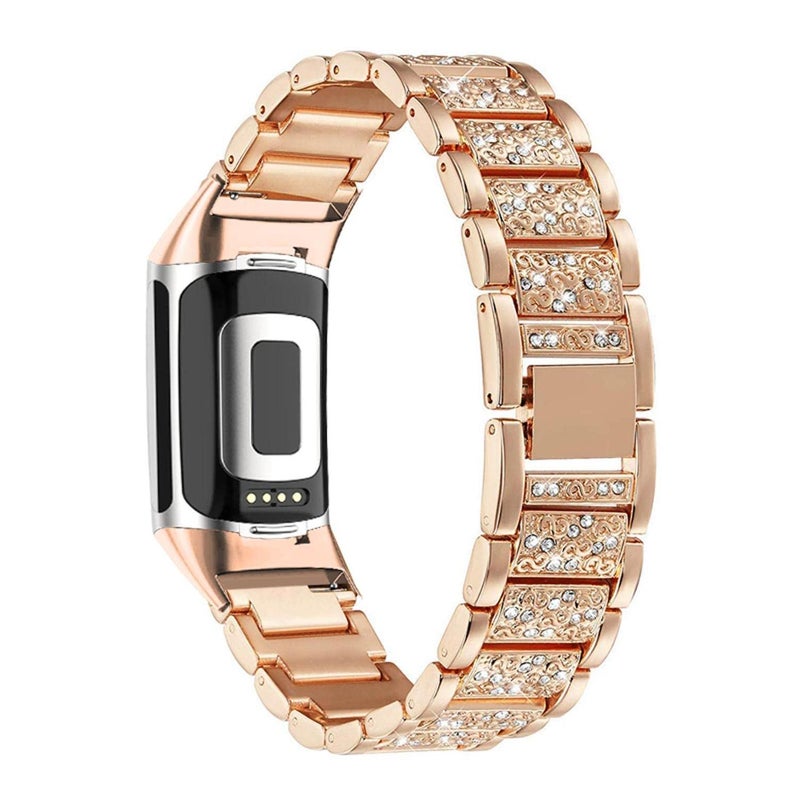 Abanen Bling Crystal Bands for Fitbit Charge 5 / Charge 6, Alloy Metal Bands Adjustable Women Wristbands Strap for Fitbit Charge 5 (Rose Gold) - Image 1