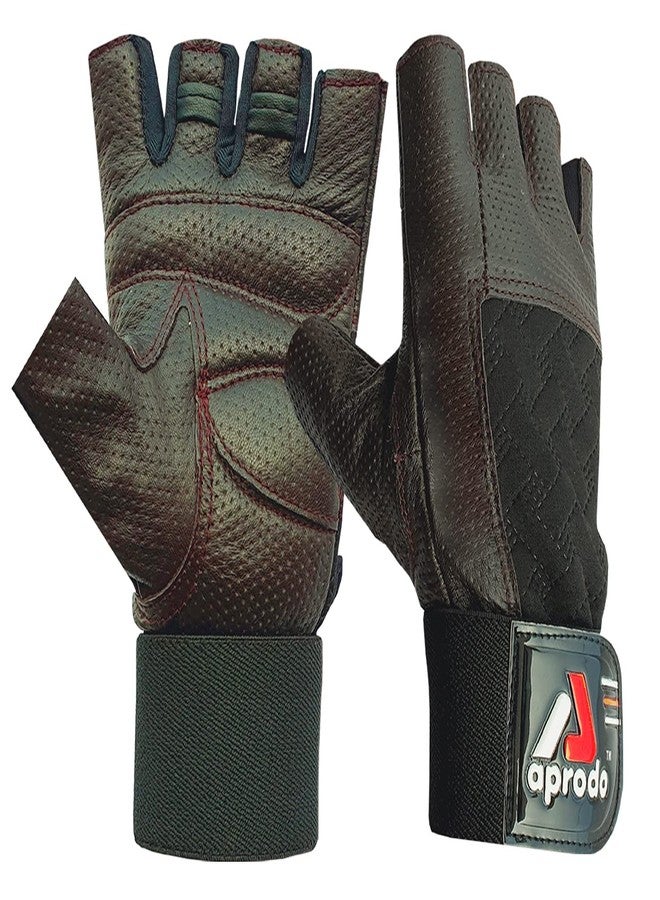 Aprodo Soft Leather Gym Gloves with Wrist Support + Double Stitched Fingers and Palm - Breathable Mesh Lycra On Back + Easy Open Finger Tab Size Adjuster, Free Size (Dark Brown, Free Size) - Image 1