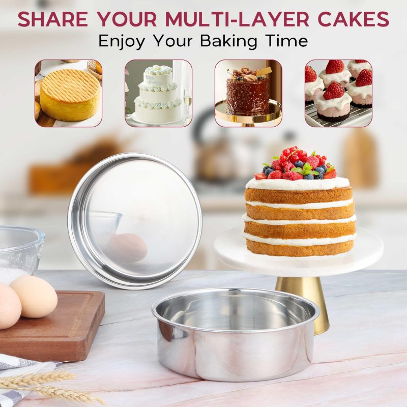 Stainless Steel 6 Inch Round Cake Pan 2-Inch Deep Seamless Design - Mirror-Polished Interior for Even Heat Distribution Layer Cake Tin for Wedding Birthday Baking - Image 2