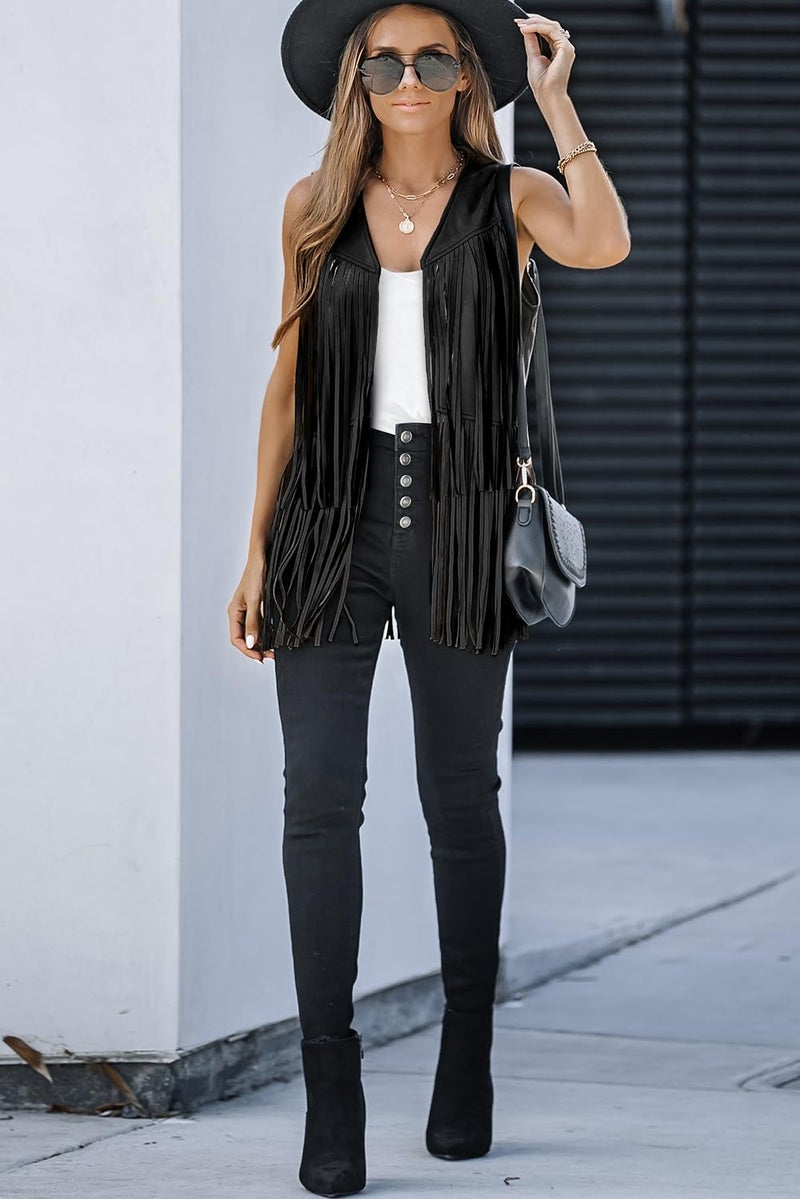 Dokotoo Womens Early Fall Fashion Cowboy Chic Outfits 70s Hippie Concert Outfits Vintage Western Cowgirl Cute Fringe Vest Tops Leather Tassel Night Out Birthday Party Jackets Clothes Black Medium - Image 4