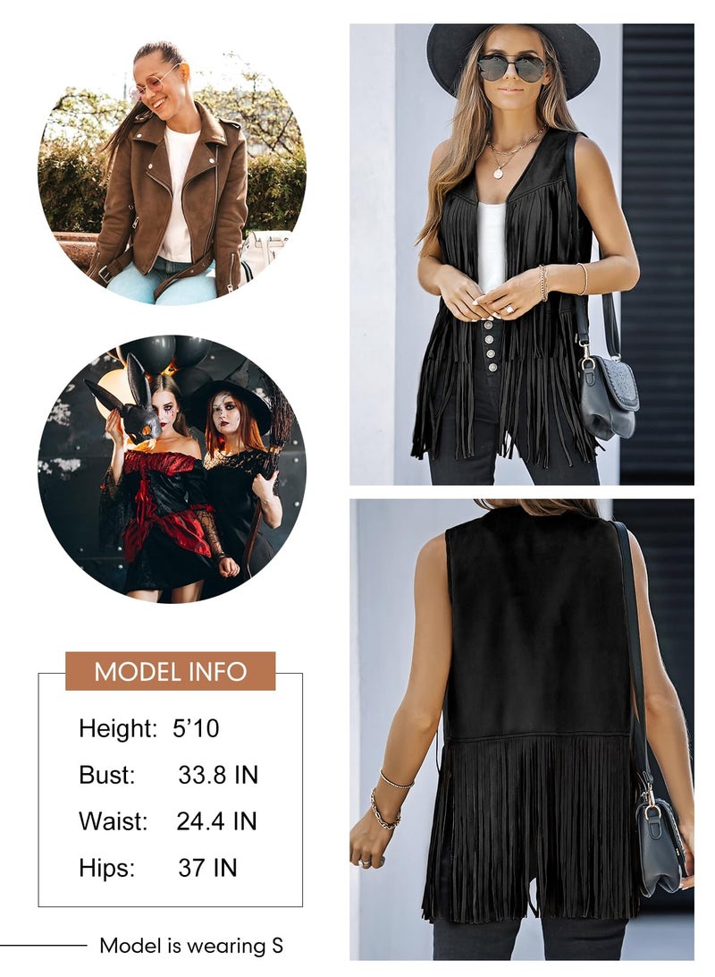 Dokotoo Womens Early Fall Fashion Cowboy Chic Outfits 70s Hippie Concert Outfits Vintage Western Cowgirl Cute Fringe Vest Tops Leather Tassel Night Out Birthday Party Jackets Clothes Black Medium - Image 5