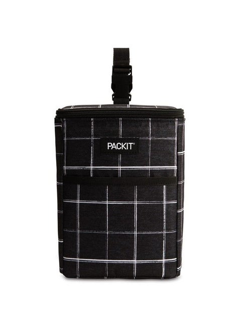 ® Freezable Double Bottle Bag Black Grid Built With Ecofreeze® Technology Antimicrobial Lining Collapsible Reusable Zip Closure Buckle Handle Perfect For Breastmilk And Formula On The Go