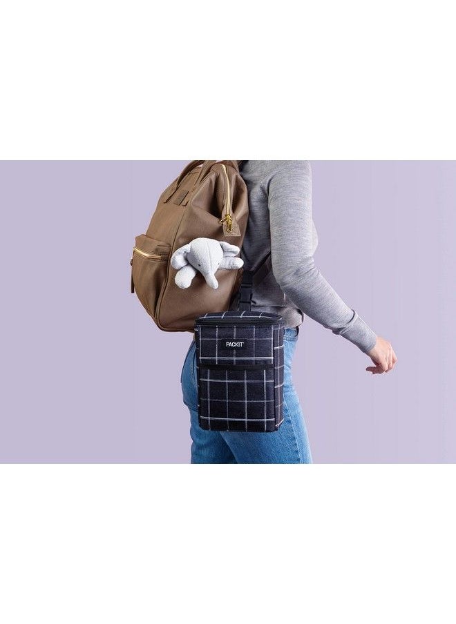 PACKIT - ® Freezable Double Bottle Bag Black Grid Built With Ecofreeze® Technology Antimicrobial Lining Collapsible Reusable Zip Closure Buckle Handle Perfect For Breastmilk And Formula On The Go - Image 1