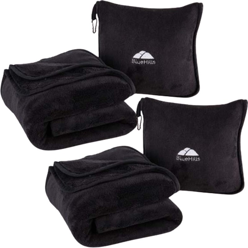 BlueHills BlueHills 2Pack Premium Soft Travel Blanket Pillow Airplane Blanket for Two in Soft Bag Pillowcase with Hand Luggage Belt and Backpack Clip Compact Pack Large Blankets for Travel Black T014 