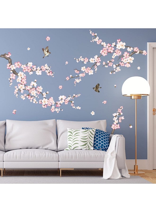 wondever Cherry Blossom Wall Stickers Pink And White Flower Tree Branch Peel And Stick Wall Art Decals For Living Room Bedroom Tv Wall - Image 1