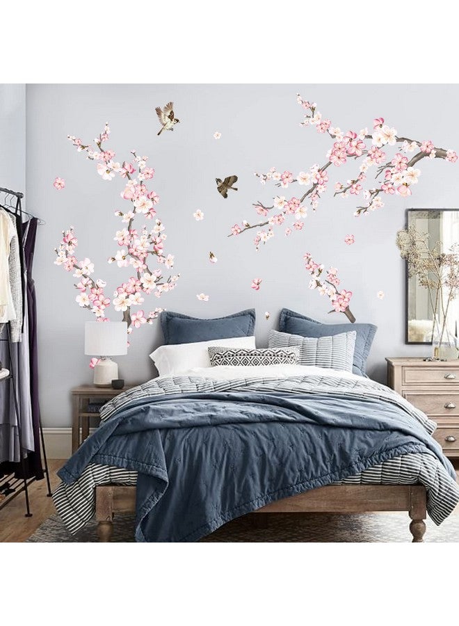 wondever Cherry Blossom Wall Stickers Pink And White Flower Tree Branch Peel And Stick Wall Art Decals For Living Room Bedroom Tv Wall - Image 3