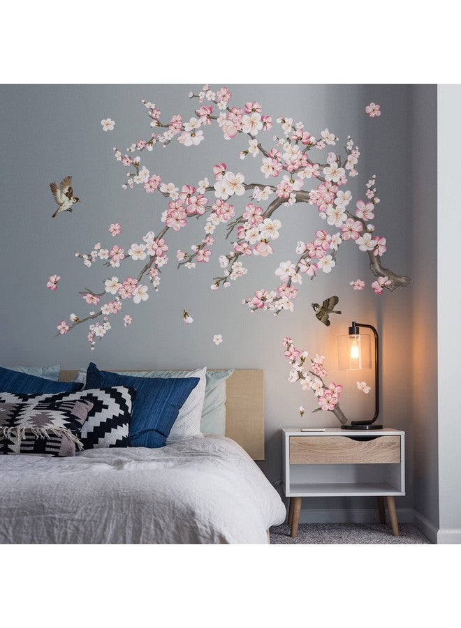 wondever Cherry Blossom Wall Stickers Pink And White Flower Tree Branch Peel And Stick Wall Art Decals For Living Room Bedroom Tv Wall - Image 2
