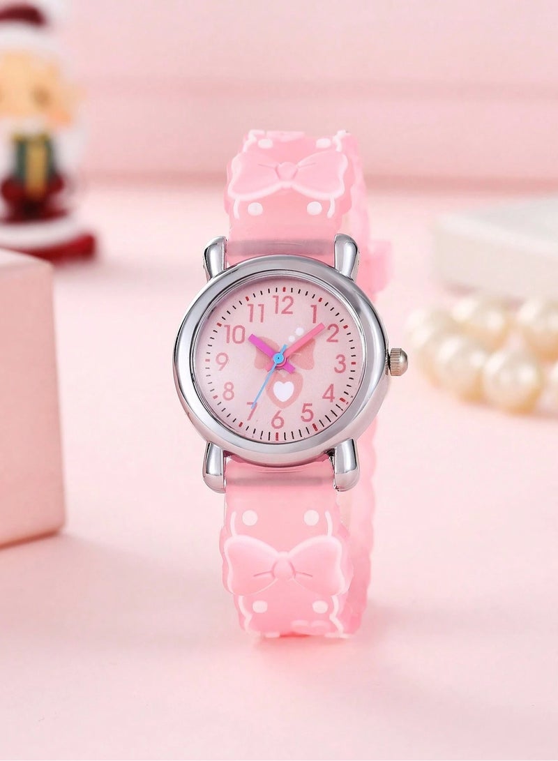 ساعة اطفال باللون وردي – تصميم أنالوج سهل القراءة مع تفاصيل على شكل قلب وشرائط - Image 1