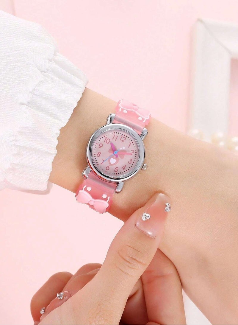 ساعة اطفال باللون وردي – تصميم أنالوج سهل القراءة مع تفاصيل على شكل قلب وشرائط - Image 3