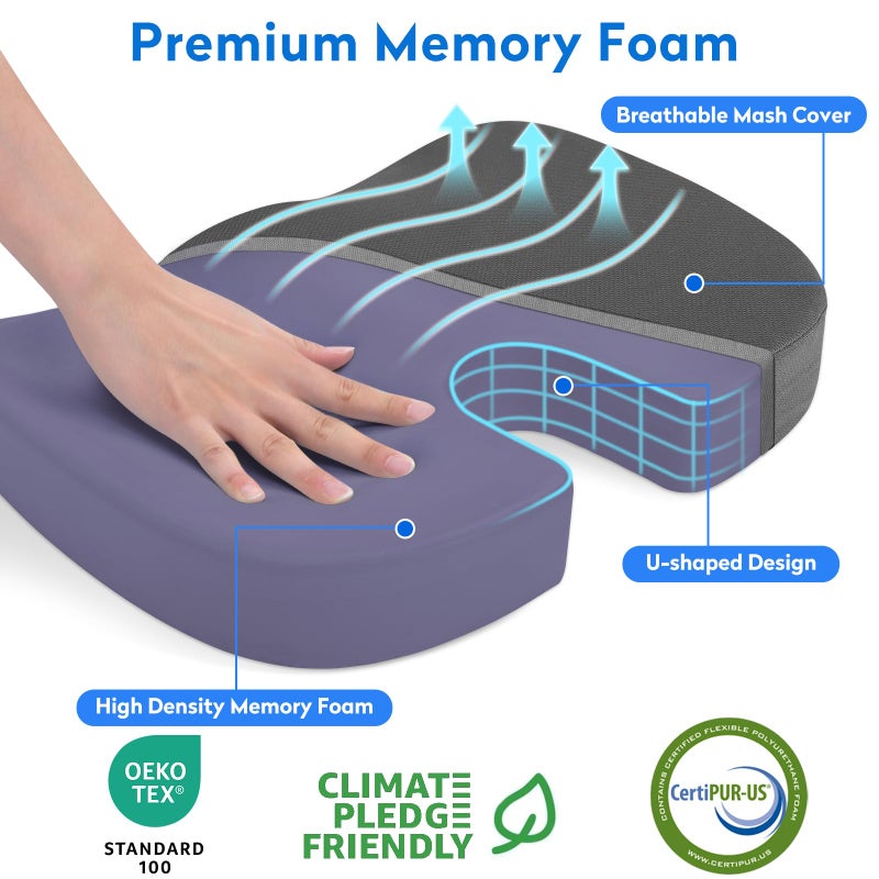 CushZone Seat Cushion, Office Chair Cushions, Car Seat Cushion, Non-Slip Sciatica & Back Coccyx Tailbone Pain Relief Chair Pad, Memory Foam Butt Pillow for Computer Desk, Wheelchair, Driving (Grey) - Image 2