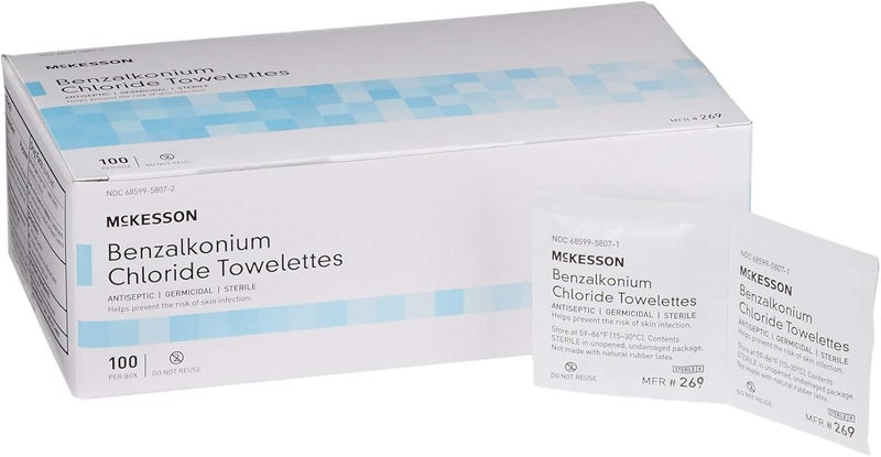 McKesson Benzalkonium Chloride Towelettes Pack of 100 First Aid Antiseptic Wipes Sterile Individual Wrapped - Image 1