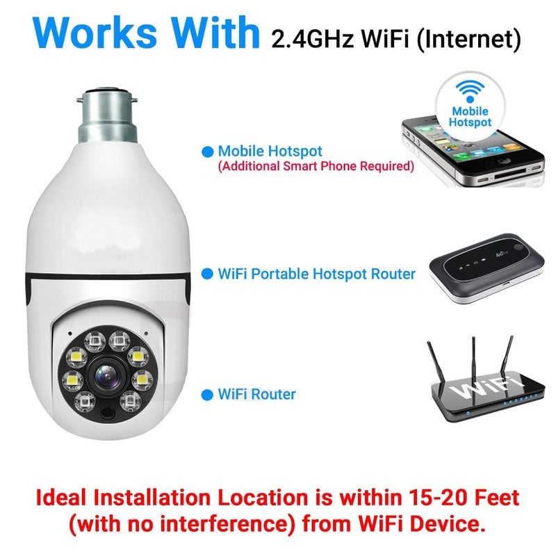 INVICTO WiFi Camera CCTV Camera 1080p Wireless PTZ Bulb Shape V380 Pro Indoor 360 Smart Home Security Camera Light Vision 24x7 Continuous Recording with Motion Sensor LED Lights Light Bulb - Image 3