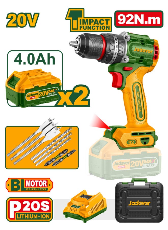 JADEVER Brushless Cordless Impact Drill 20V 92 N.M JDCDP9281