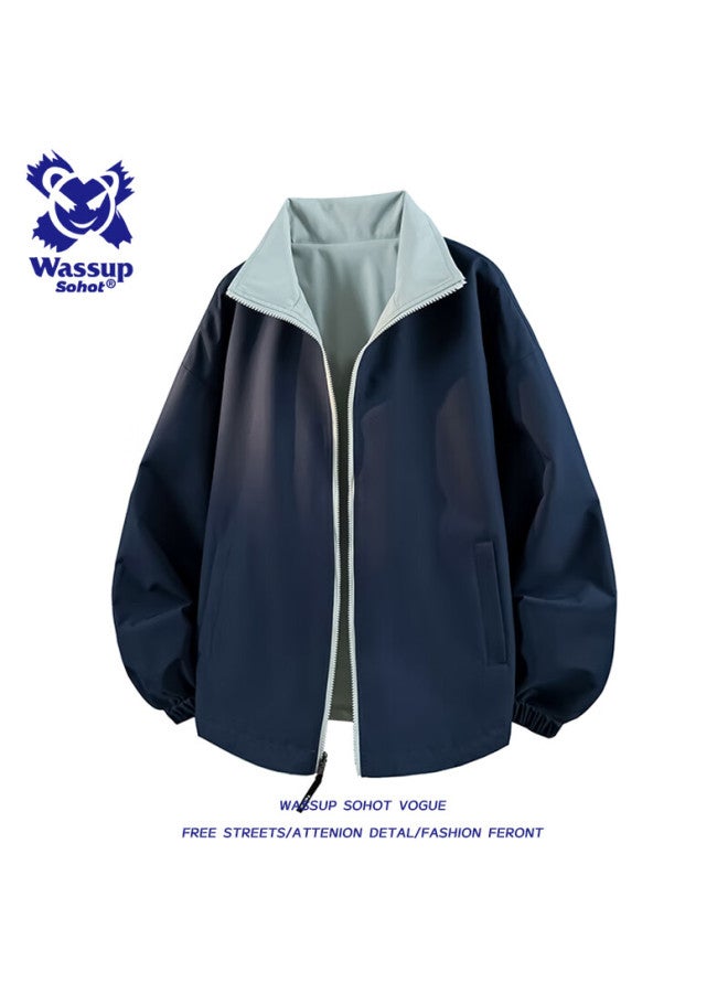 Wassup Sohot Men's Jacket For Spring And Autumn, Reversible Outdoor Coat, Trendy Casual Stand-collar Flight Jacket, Blue-gray, 3XL - Image 2
