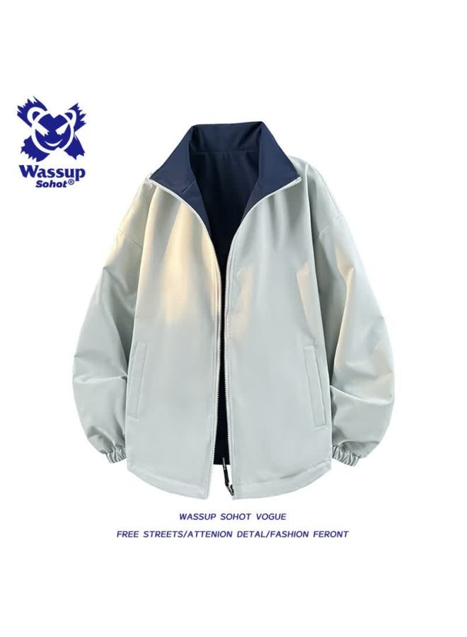 Wassup Sohot Men's Jacket For Spring And Autumn, Reversible Outdoor Coat, Trendy Casual Stand-collar Flight Jacket, Blue-gray, 3XL - Image 1