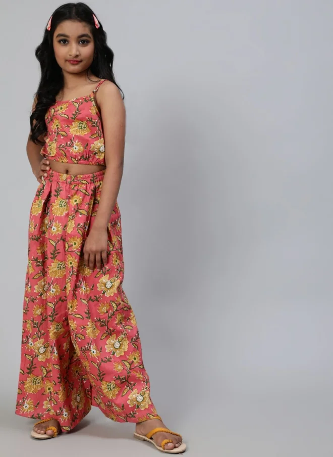 أيه كيه إس Floral Printed Cotton Top and Palazzos for Girls