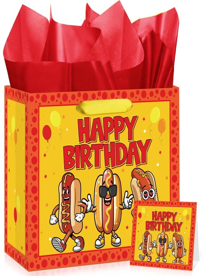 Woosytoo Cartoon Hot Dog Birthday Gift Bag Red Hot Dog Themed Birthday Wrapping Paper Bag with Greeting Card for Kids Adults BBQ Picnic Sausage Food Snacks Hotdog Bday Baby Shower Party Supplies - Image 1