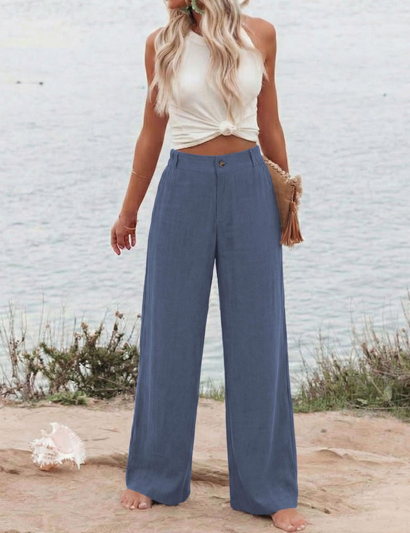Hooever Womens Cotton Linen Pants Casual Button Up High Waisted Wide Leg Trousers(reyBlue-S) Greyblue - Image 3