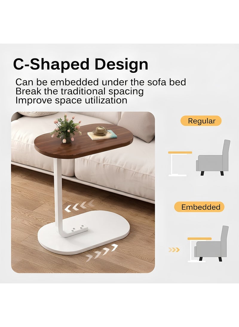 Taimi C-Shaped Side Table Elegant Design with Metal Frame, Sofa Side Coffee Table, Side Table for Living Room, Bedroom, Office, Balcony -Easy Assembly- 60x28x39cm - Brown Color With White Frame - Image 4