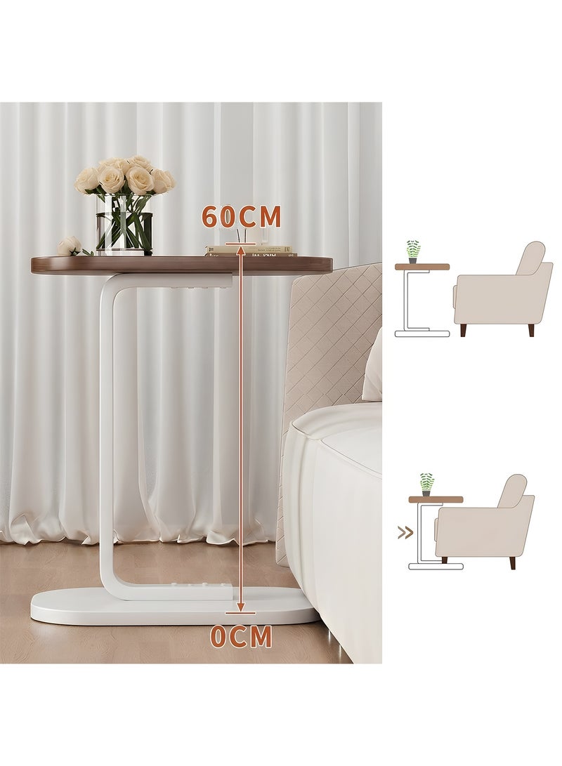 Taimi C-Shaped Side Table Elegant Design with Metal Frame, Sofa Side Coffee Table, Side Table for Living Room, Bedroom, Office, Balcony -Easy Assembly- 60x28x39cm - Brown Color With White Frame - Image 5