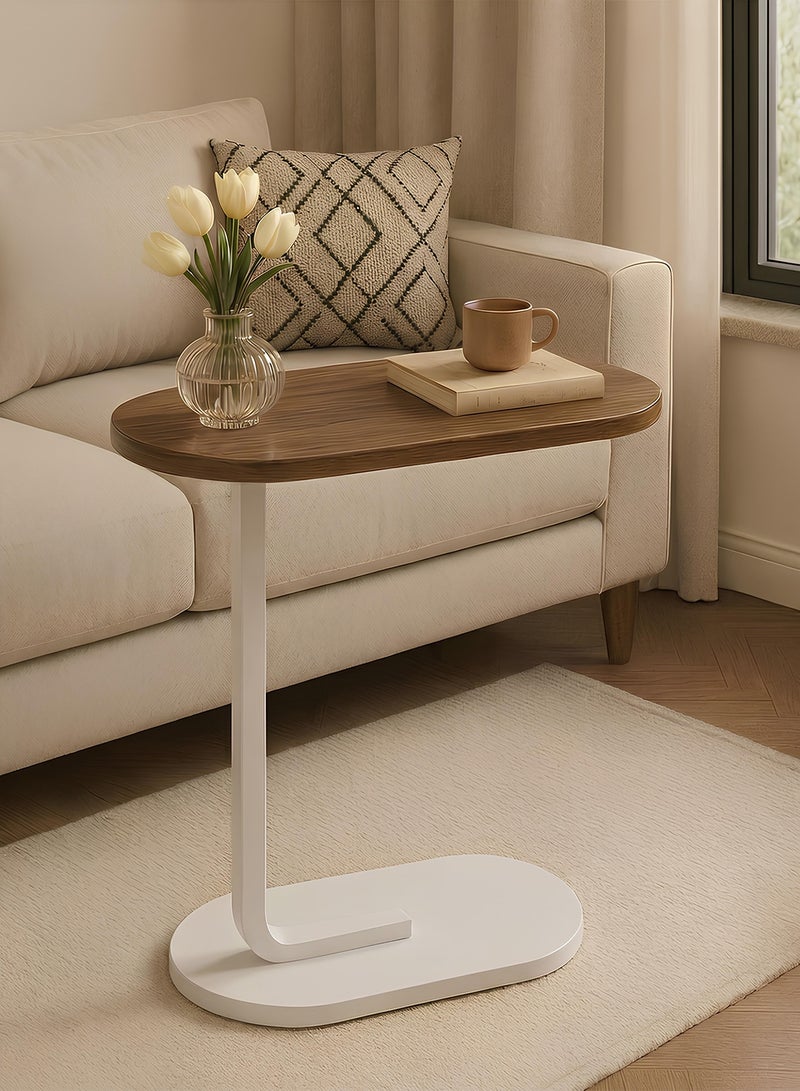 Taimi C-Shaped Side Table Elegant Design with Metal Frame, Sofa Side Coffee Table, Side Table for Living Room, Bedroom, Office, Balcony -Easy Assembly- 60x28x39cm - Brown Color With White Frame - Image 1