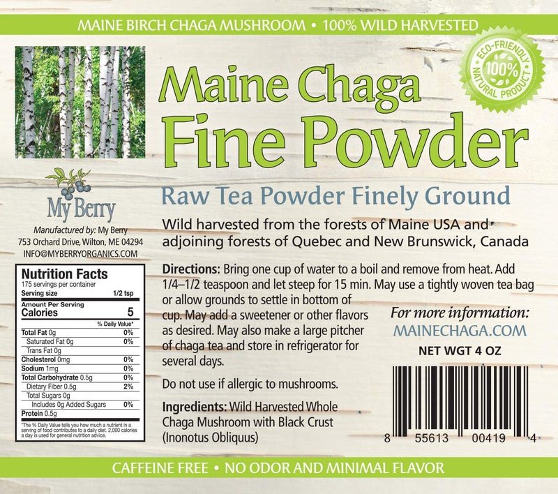 MY BERRY Maine Chaga Tea Fine Mushroom Powder, No Pesticides, 100% Wild-Harvested in Maine & Atlantic Canada, Not an Extract but Whole Raw Powder, 4oz, Not sourced from Overseas, Pesticide Free - Image 2