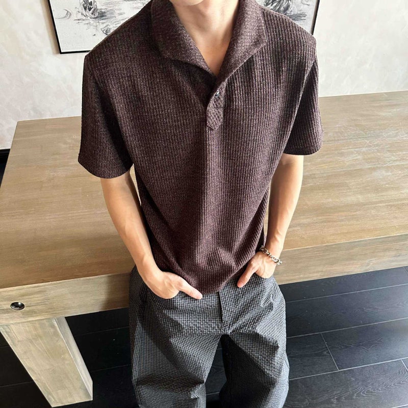 Men's Short Sleeve Polo Shirt with Cat Eye Buttons and Italian Roman Collar - Image 4