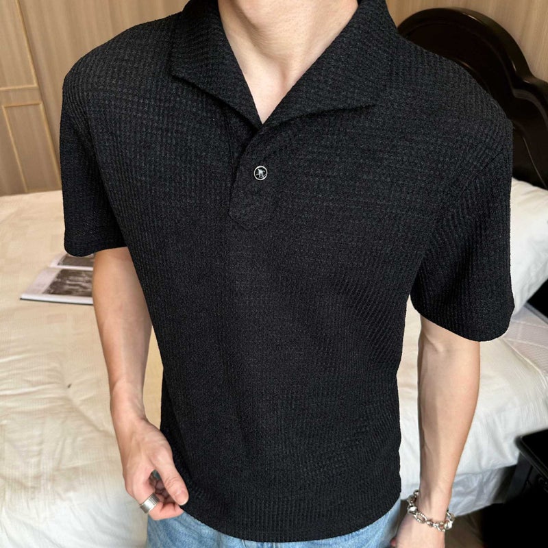 Men's Short Sleeve Polo Shirt with Cat Eye Buttons and Italian Roman Collar - Image 2