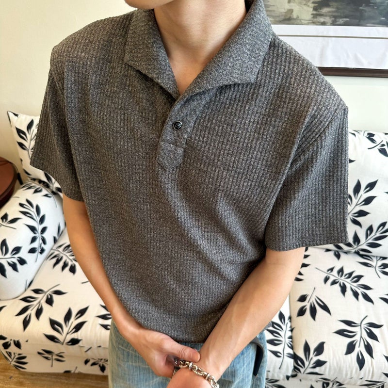 Men's Short Sleeve Polo Shirt with Cat Eye Buttons and Italian Roman Collar - Image 3