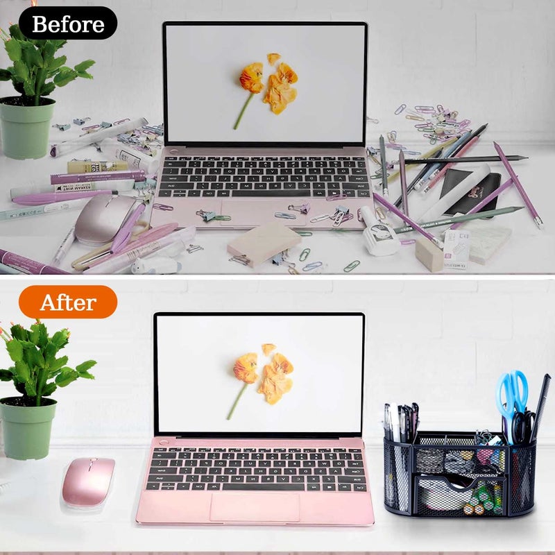 Byjoph Black Mesh Pen Holder Desk Organizer Cute Office Supplies Pencil and Marker Organizers Oval Desk Caddy with 8 Compartments and 1 Drawer Workspace Accessories for Office School Home - Image 3