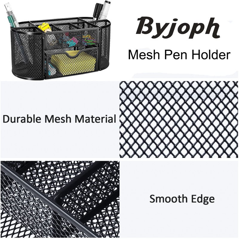 Byjoph Black Mesh Pen Holder Desk Organizer Cute Office Supplies Pencil and Marker Organizers Oval Desk Caddy with 8 Compartments and 1 Drawer Workspace Accessories for Office School Home - Image 5