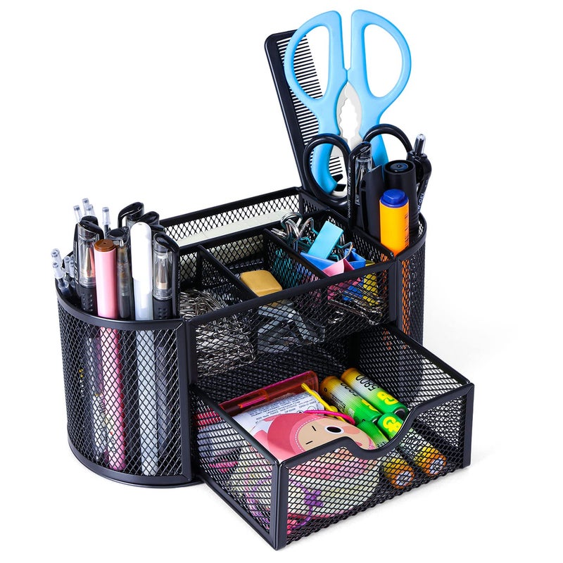 Byjoph Black Mesh Pen Holder Desk Organizer Cute Office Supplies Pencil and Marker Organizers Oval Desk Caddy with 8 Compartments and 1 Drawer Workspace Accessories for Office School Home - Image 1