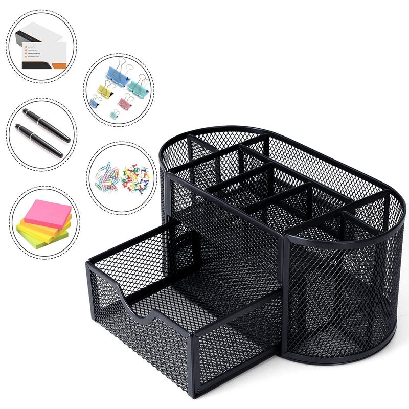 Byjoph Black Mesh Pen Holder Desk Organizer Cute Office Supplies Pencil and Marker Organizers Oval Desk Caddy with 8 Compartments and 1 Drawer Workspace Accessories for Office School Home - Image 2