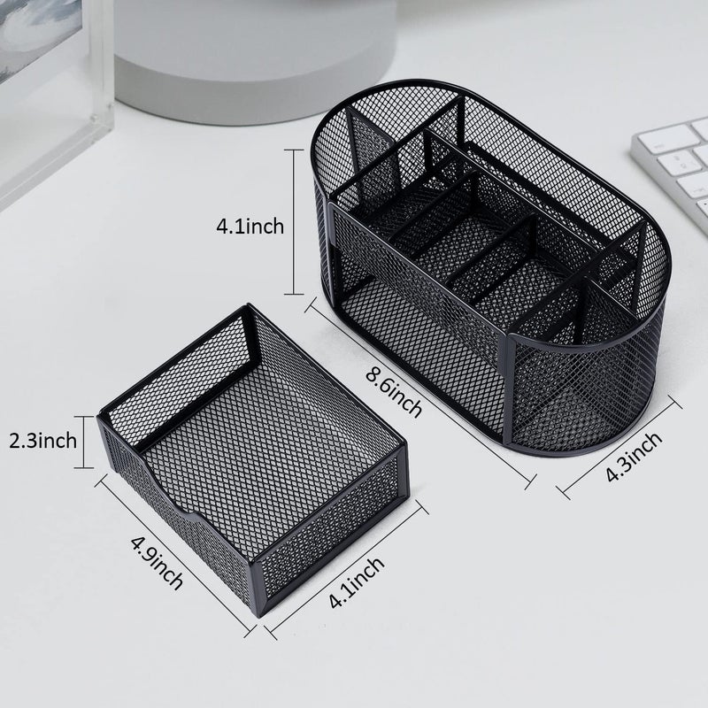 Byjoph Black Mesh Pen Holder Desk Organizer Cute Office Supplies Pencil and Marker Organizers Oval Desk Caddy with 8 Compartments and 1 Drawer Workspace Accessories for Office School Home - Image 4