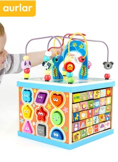Aurlar Toddlers Wooden Cube Montessori 6 In 1 Activity Board Toys, Multi-functional Educational Toys Shape Matching, Number Letters, Animal Clock, Maze Toys  - Image 2