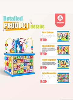 Aurlar Toddlers Wooden Cube Montessori 6 In 1 Activity Board Toys, Multi-functional Educational Toys Shape Matching, Number Letters, Animal Clock, Maze Toys  - Image 3
