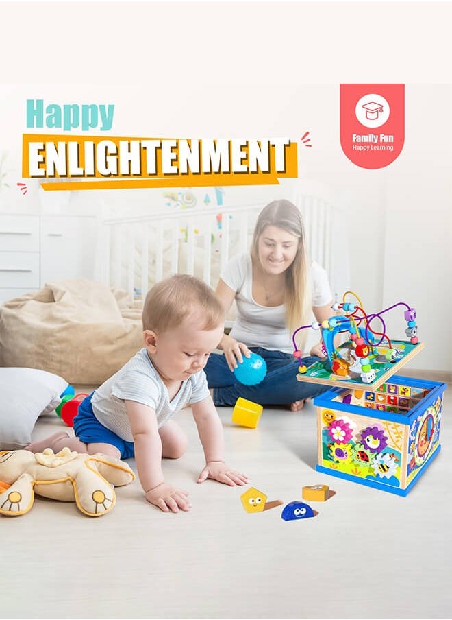 Aurlar Toddlers Wooden Cube Montessori 6 In 1 Activity Board Toys, Multi-functional Educational Toys Shape Matching, Number Letters, Animal Clock, Maze Toys  - Image 5
