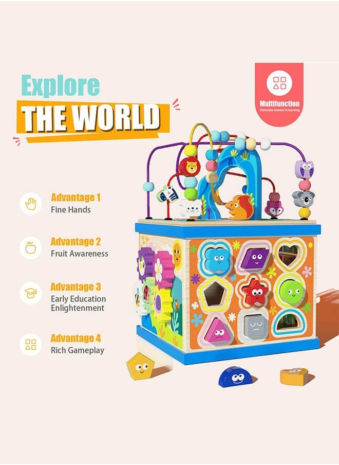 Aurlar Toddlers Wooden Cube Montessori 6 In 1 Activity Board Toys, Multi-functional Educational Toys Shape Matching, Number Letters, Animal Clock, Maze Toys  - Image 4