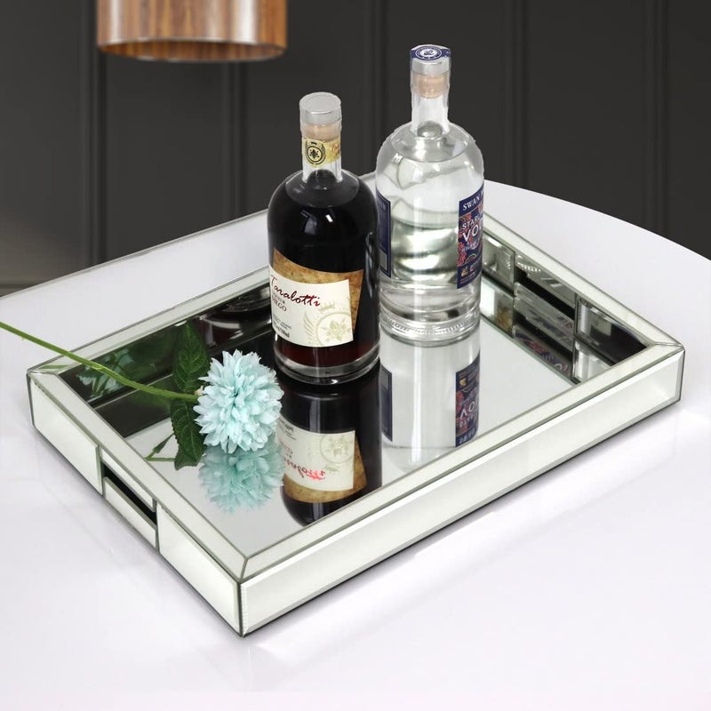 QMDECOR Rectangle Silver Mirror Decorative Tray Size 11â€ Length x 14â€ Width x 2â€ Height, Mirrored Vanity Organizer with Hand, Markup Perfume Jewelry Tray for Bathroom Bedroom Dresser Coffee Table qmdecor - Image 3