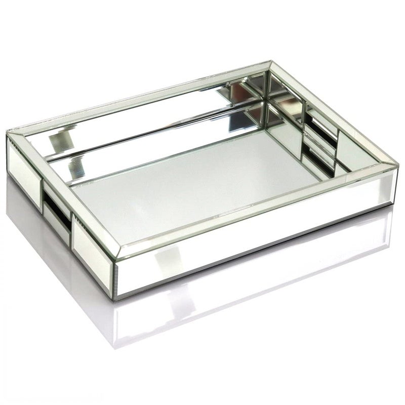 QMDECOR Rectangle Silver Mirror Decorative Tray Size 11â€ Length x 14â€ Width x 2â€ Height, Mirrored Vanity Organizer with Hand, Markup Perfume Jewelry Tray for Bathroom Bedroom Dresser Coffee Table qmdecor - Image 1
