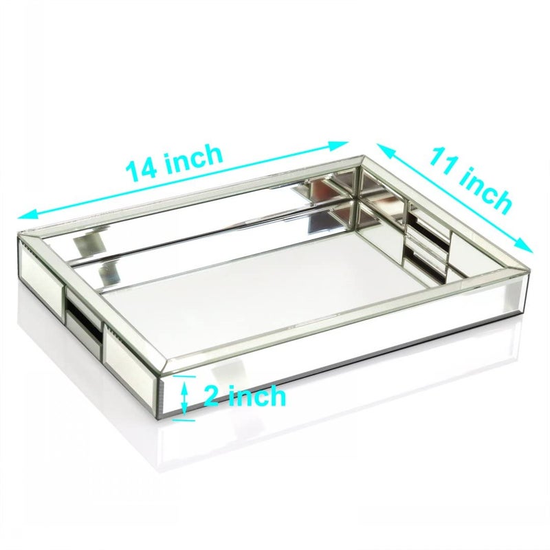 QMDECOR Rectangle Silver Mirror Decorative Tray Size 11â€ Length x 14â€ Width x 2â€ Height, Mirrored Vanity Organizer with Hand, Markup Perfume Jewelry Tray for Bathroom Bedroom Dresser Coffee Table qmdecor - Image 5