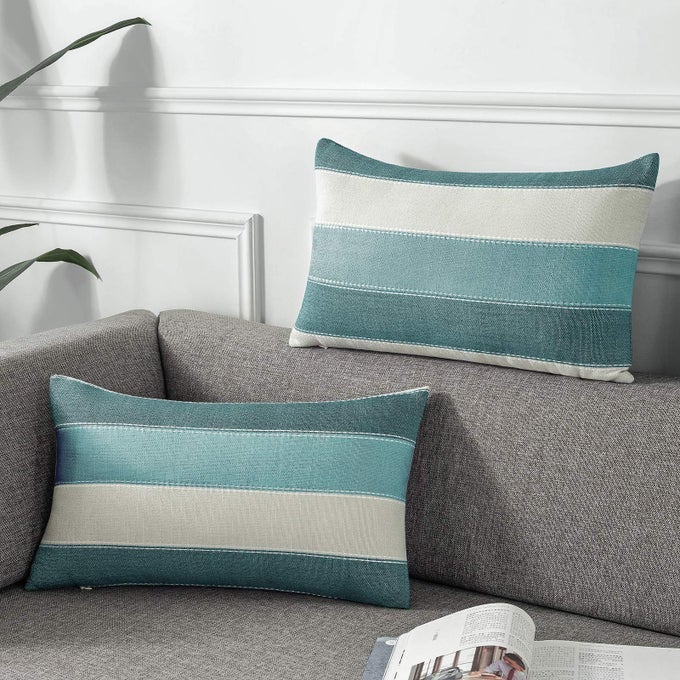PACK OF 2 FARMHOUSE STRIPE CHECK THROW PILLOW COVERS SET CASE COTTON LINEN DECORATIVE PILLOWCASES CUSHION COVER FOR COUCH BENCH SOFA 12X20INCH TEAL BLUE