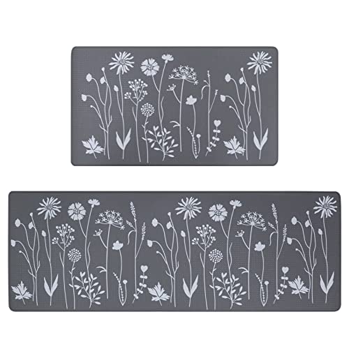 Rempry 2 Pcs Kitchen Rugs and Mats, Cushioned Anti-Fatigue Floor Mat, PVC Non-Slip Waterproof Kitchen Rug Set for Kitchen, Office, Sink 17"x47"+17"x29" (Grey) - Image 1