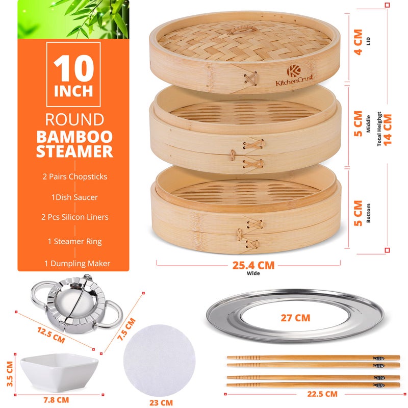 KITCHENCRUST Bamboo Steamer Basket for Chinese Asian Cuisine - 2 Tier 10-Inch Steaming Basket Bun Vegetable Steam, Dumpling Steamer bamboo steam basket, Sauce Dish, Chopsticks, Reusable Liners, Ring - Image 2
