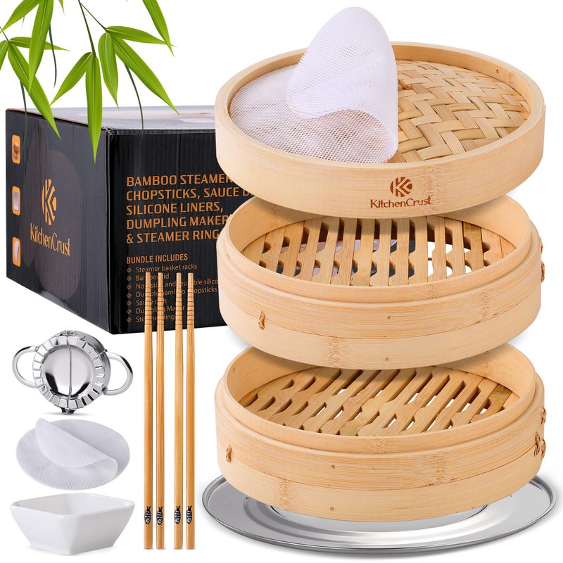 KITCHENCRUST Bamboo Steamer Basket for Chinese Asian Cuisine - 2 Tier 10-Inch Steaming Basket Bun Vegetable Steam, Dumpling Steamer bamboo steam basket, Sauce Dish, Chopsticks, Reusable Liners, Ring - Image 1
