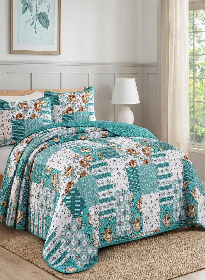 Anibedding 3Pieces Patchwork Quilts Queen Size, Water Green Style Flower Plaid Bedspreads with Double Pillowcases for All Season - Image 2