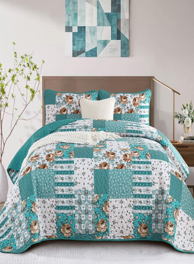 Anibedding 3Pieces Patchwork Quilts Queen Size, Water Green Style Flower Plaid Bedspreads with Double Pillowcases for All Season - Image 1