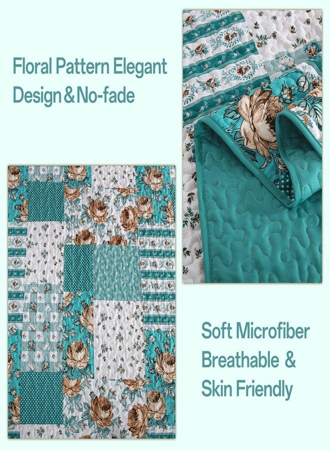 Anibedding 3Pieces Patchwork Quilts Queen Size, Water Green Style Flower Plaid Bedspreads with Double Pillowcases for All Season - Image 4