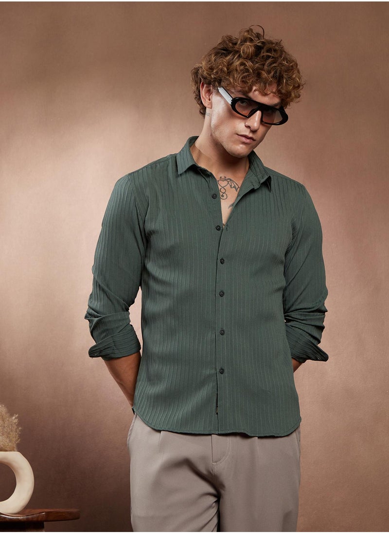 Campus Sutra Campus Sutra Men's Emerald Green Pinstripe-Tactile Shirt For Casual Wear | Spread Collar | Long Cuffed Sleeves | Button Closure | Shirt Crafted With Comfort Fit For Everyday Wear  - Image 1